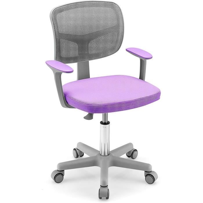COSTWAY Chaise de Bureau à Roulettes pour Enfants Soutien Lombaire Siège Pivotant Hauteur Réglable 80 - 91 5 CM 3 -10 Ans Violet