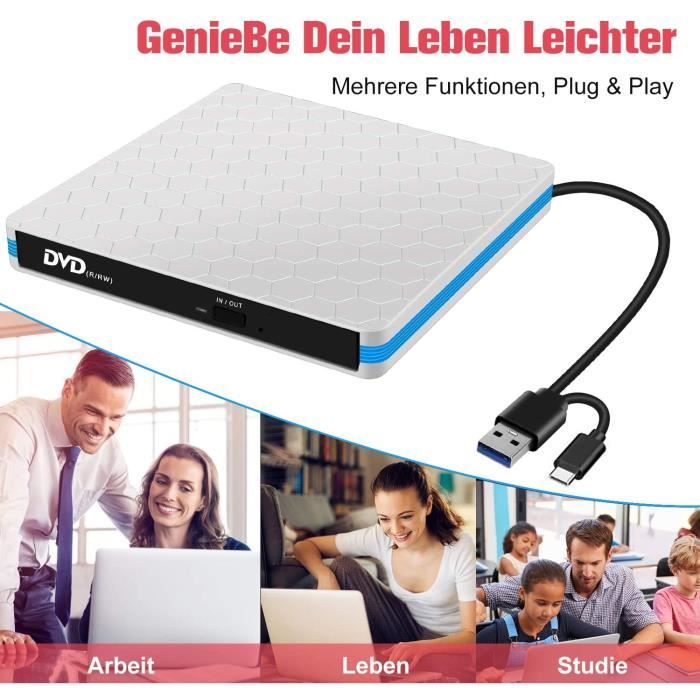 Graveur et lecteur de CD-DVD externes FANTEC - USB 3.0 & Type C - Blanc