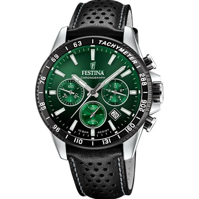 bracelet cuir / tissu homme - festina - montre festina chrono cadran vert cuir noir - couleur de la matière:blanc