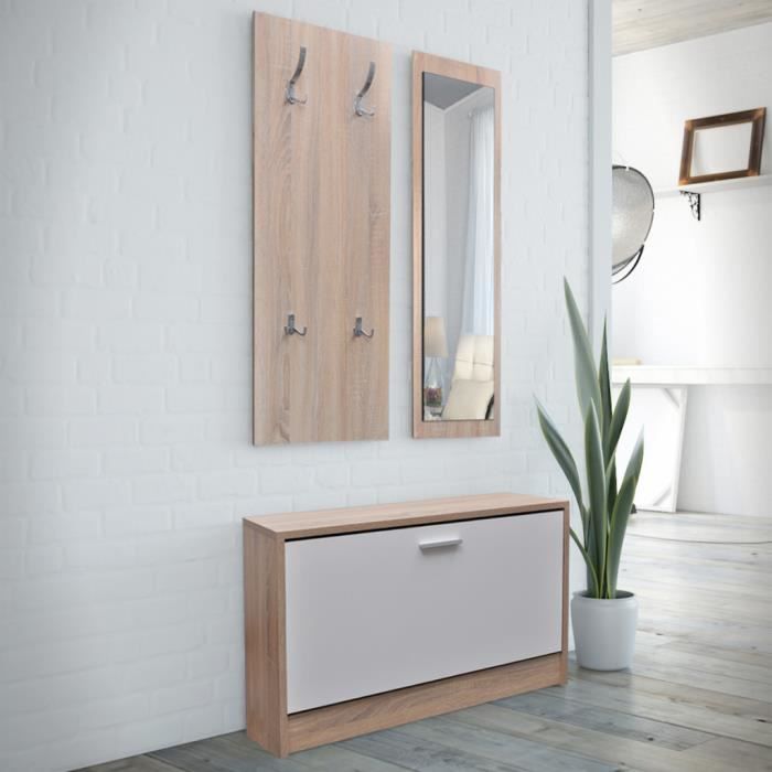 Ensemble 3 En 1 De Porte Chaussures Miroir Mural Et Cintre En Bois