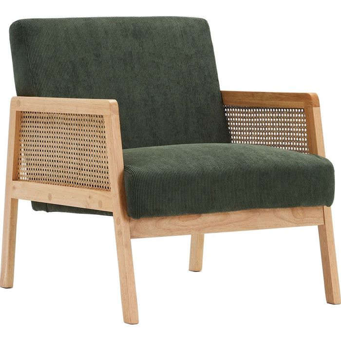 Fauteuil en cannage et velours côtelé vert - Mani