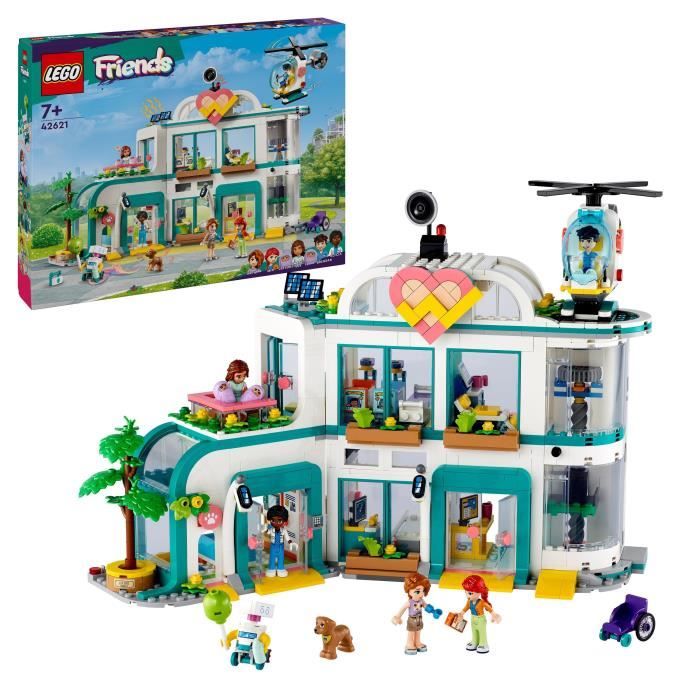 lego® 42621 friends l’hôpital de heartlake city, jouet avec hélicoptère et figurines incluant autumn et un chien