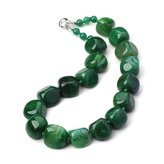 Collier Sautoir Agate Verte Et Perles - Réf. W465, Occasion Bon état, Bijou Pierre Naturelle