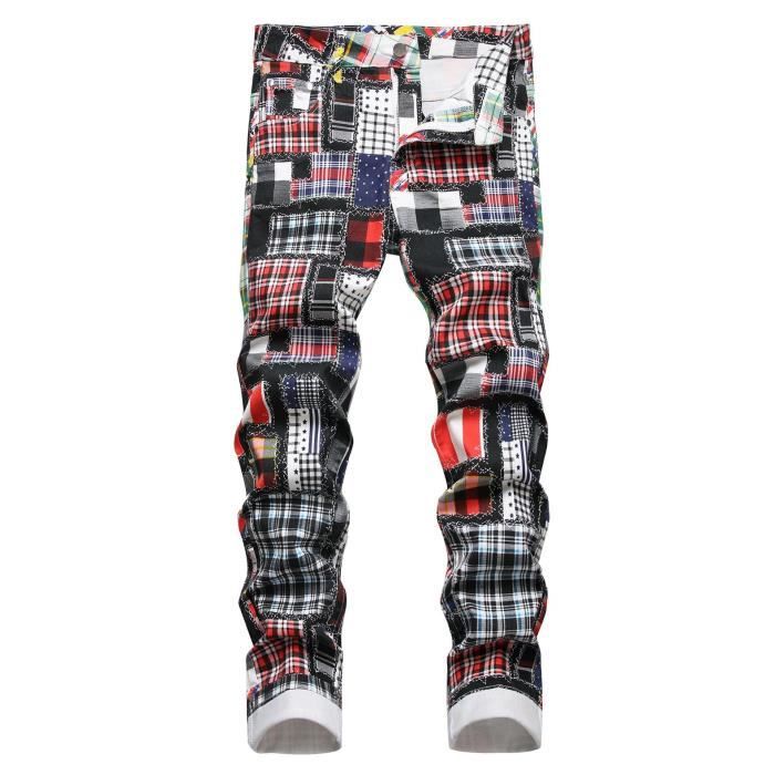Jeans Carreaux Plaid Homme INSFITY Coupe droite Noir rouge