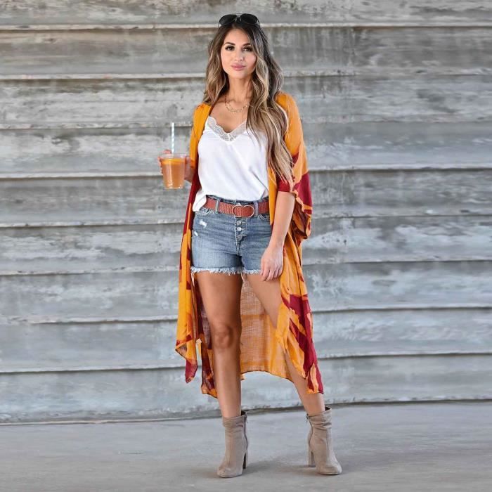 Cardigan kimono fluide pour femmes Robe ouverte sur le devant Blouse en mousseline de soie imprimee Tops amples Orange Cdiscount Pret a Porter