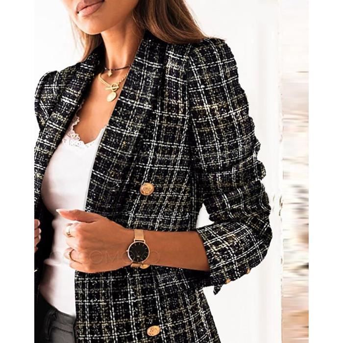 Manteau,Nouvelle Veste Femme 2020 ligne Plaid Tissage Tweed de Laine À  Double boutonnage Veste Blazer Slim Élégant - Type Black