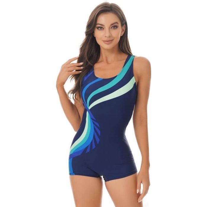 YONGHS-FR Femme Maillot de Bain 1 Pièce Combishort de Natation Bodysuit de Bain Swimwear S-XL Bleu marine