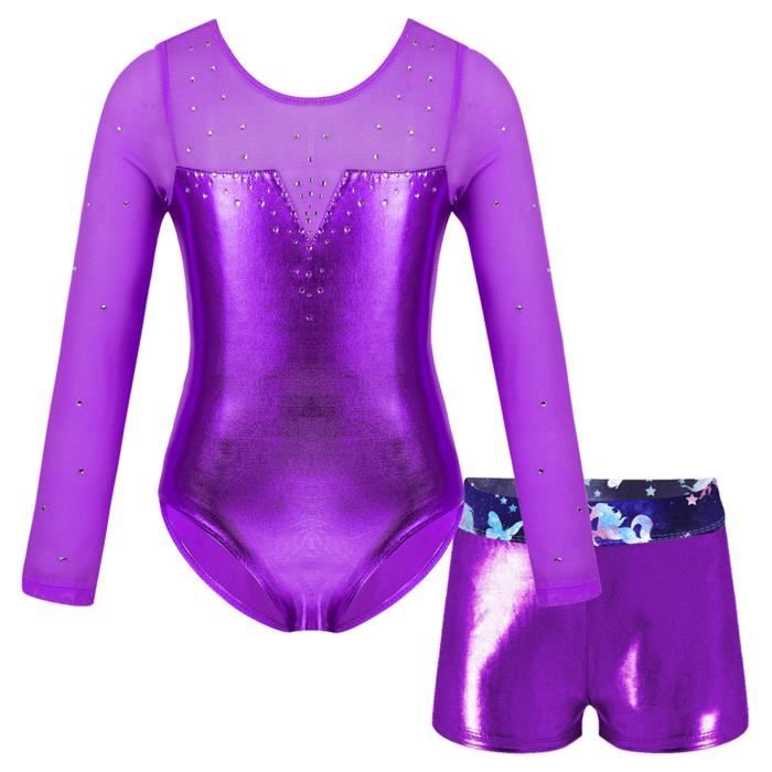 YONGHS Fille Justaucorps Gymnastique Strass avec Short Métallique Brillant Costume Spectacle 3-12 Ans