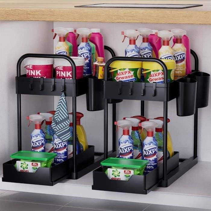 Rangement sous Evier Cuisine, Rangement sous Evier à 2 Niveaux avec Tiroir Coulissante avec 4