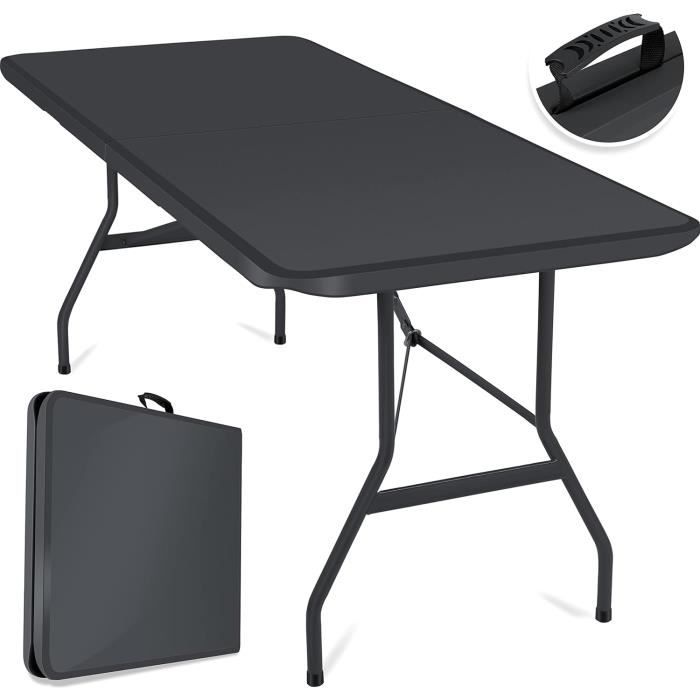 Table Buffet Pliante CHEFGASTRO 180x74 Cm - Plateau Aspect Bois Noir - Pour 8 Personnes - Transport Facile