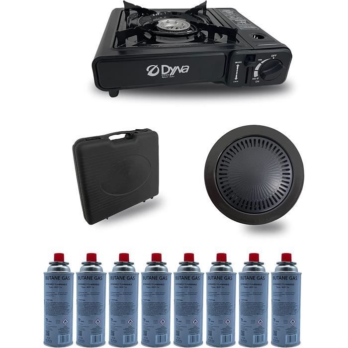 Donened Réchaud Camping 2-en-1 – Barbecue + Brûleur Gaz, Pliable, Poêle Fer, Coupe-vent, Adaptateur EU