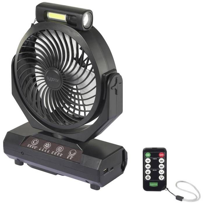 Ventilateur sans fil - SYGONIX - Modèle Camping - 4 vitesses - Ø 20 cm - Noir avec éclairage - Sygonix