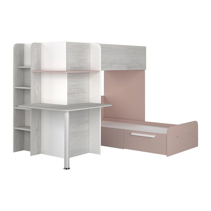 Lits superposés dangle 2 x 90 x 190 cm - Avec bureau - Gris blanc et rose - SAMUEL