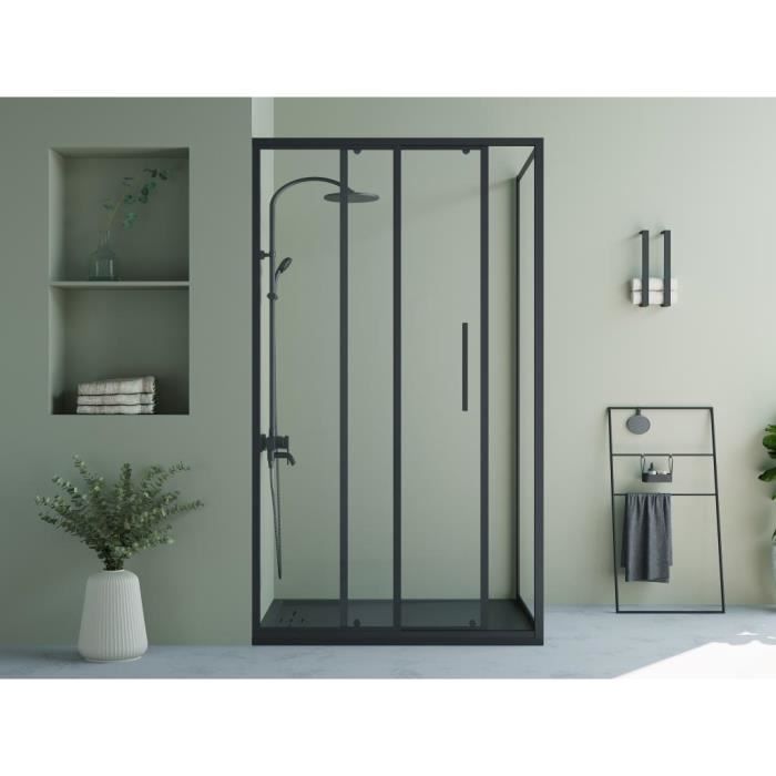 Paroi de douche fixe avec porte coulissante noir mat - TORONI - 120x80x195cm - verre trempé 6mm