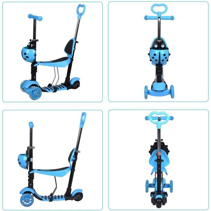 Trottinette 3 Roues Bleue Avec Siège Amovible – Roues LED Clignotantes – Réglable 68-78 Cm – Dès 2 Ans