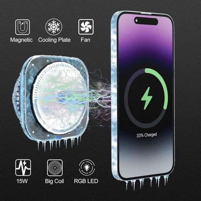 Chargeur Voiture Sans Fil Magnétique Wefunix Avec Refroidissement | Compatible MagSafe IPhone 12/13/14/15/16, 7.5W, Ventilateur + Plaque Froide