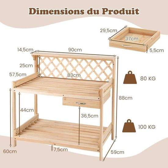 Table De Rempotage Extérieure Banc De Travail De Jardin En Bois D Acacia Avec Plateau En Resine Etagere De Rangement Naturel