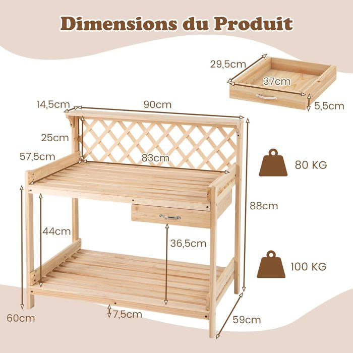 Table de Rempotage en Bois de Sapin avec Niveaux d'Étagères Table de Jardinage avec 3 Crochets et Table Ouvrable 108 x 50 cm Charge 150 kg Table de Rempotage en Bois de Sapin avec Niveaux d'Étagères Table de Jardinage avec 3 Crochets et Table Ouvrable 108 x 50 cm Charge 150 kg