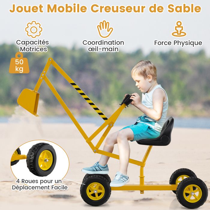 GOPLUS Jouet de Pelle à Creuser pour Enfant 3 Ans+,Pelleteuse avec Siège Pivotant à 360 Degrés,2 Bras,4 Roues Antidérapantes,Jaune - Jeux - Jouets