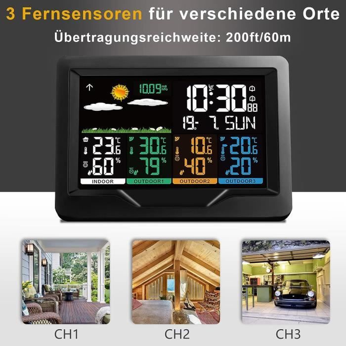 Oule GmbH Station météo sans fil avec 3 capteurs extérieurs, thermomètre,  hygromètre, mesure la température intérieure et extérieure l'humidité de  l'air (Gris) : : Jardin