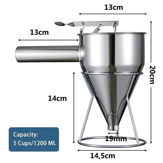 Distributeur de pâte à crêpes 1,2 l en acier inoxydable avec support, entonnoir à gâteau et divers entonnoirs, outils de cuisine pour la pâtisserie