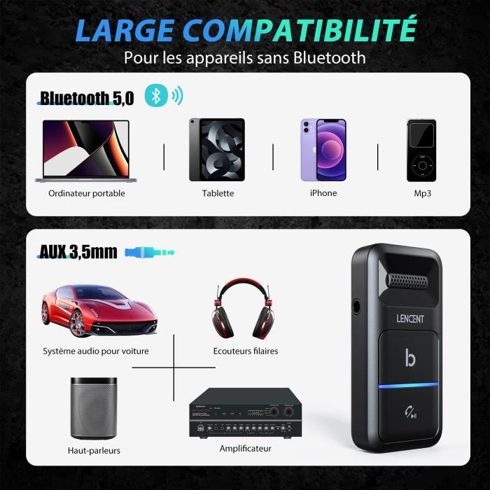 Adaptateur Bluetooth 5,0 LENCENT Transmetteur-récepteur Bluetooth,16h d' Autonomie,avec Deep Basse,pour voiture,maison stéréo etc - Cdiscount Auto