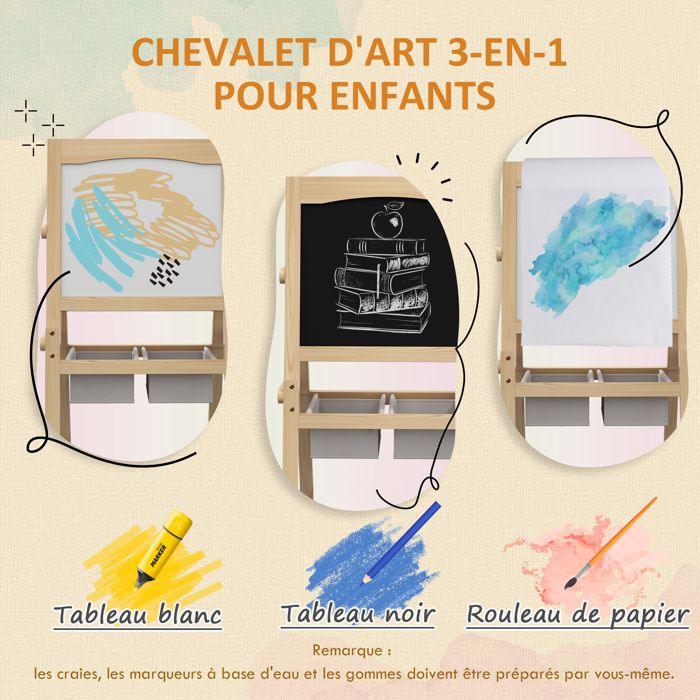 Chevalet Tableau Double Face AIYAPLAY – Tableau Noir Et Blanc Magnétique, Avec Rouleau Papier Et 2 Paniers De Rangement