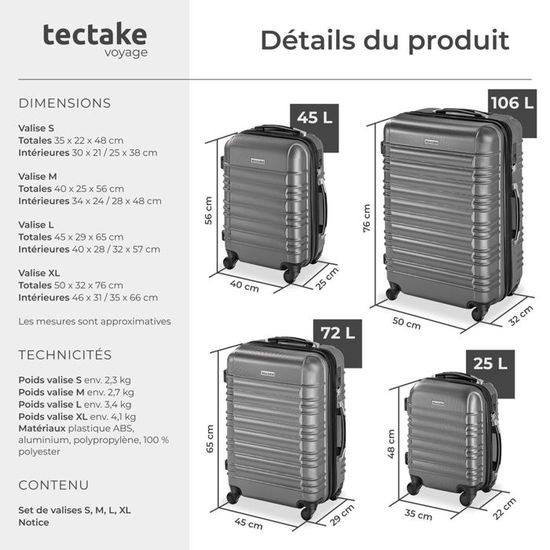 Valise XL: Hauteur 80 cm, Longueur 50 cm, Profondeur 31 cm