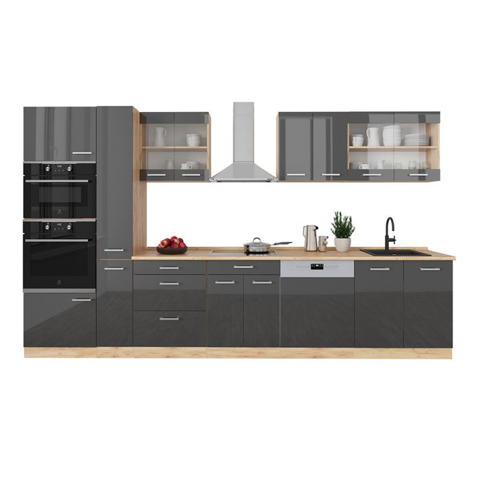 Cuisine R-Line Modulaire - Blanc Brillant/Anthracite - 350 Cm De Large Avec Armoire Haute - Sans Plan De Travail - 9