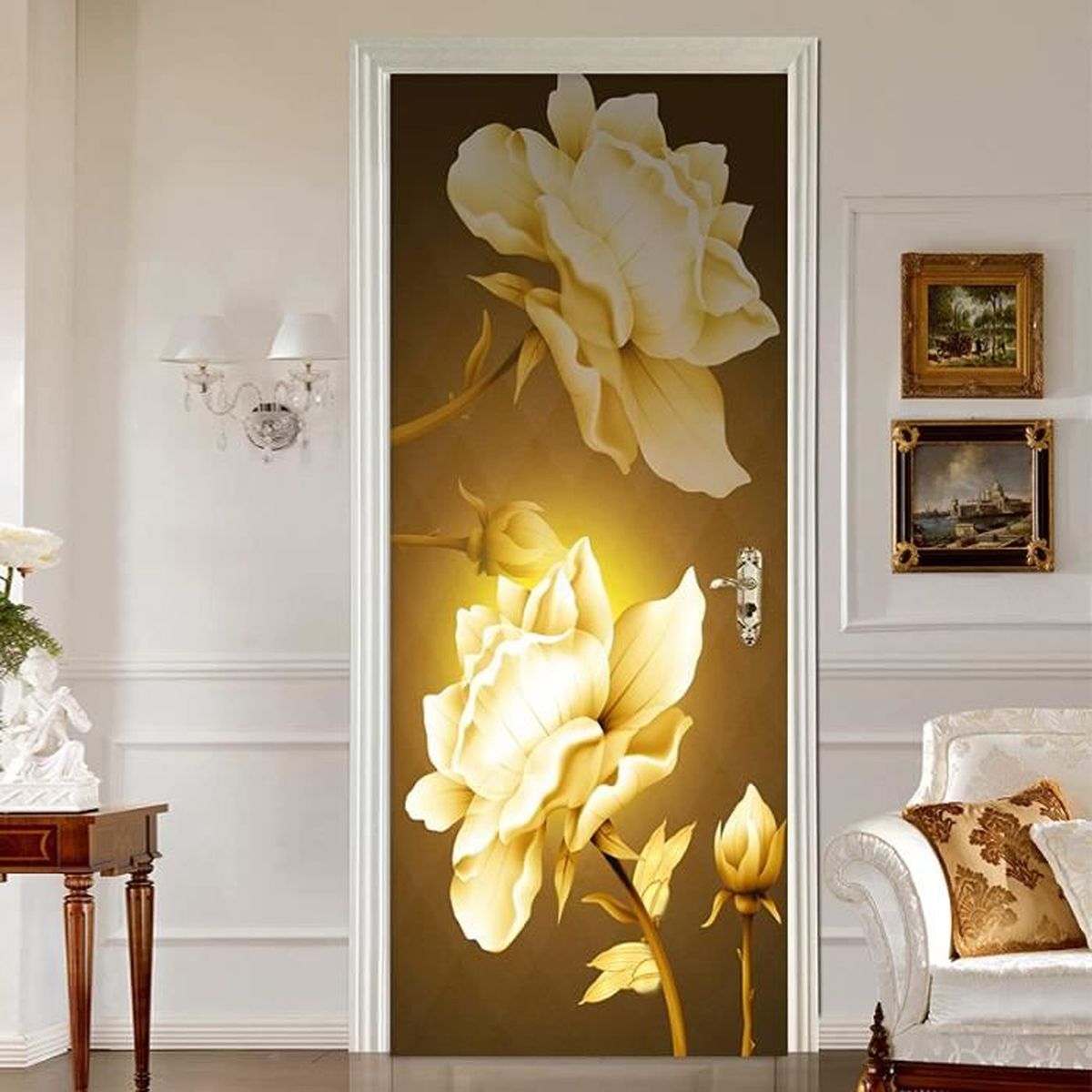 Autocollant Porte 3D Effet Magnolia Et Pierre - Décor Trompe-l'œil 77x200 Cm - PVC Amovible, Imperméable