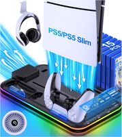 PS5 Support pour PS5 Slim Neu, PS5 avec ventilateur à 3 niveaux, refroidisseur PS5, lumière RVB, rangement de 15 jeux - Noir