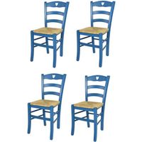 Tommychairs - Set 4 chaises cuisine CUORE, robuste structure en bois de hêtre peindré en aniline couleur bleue et assise en paille