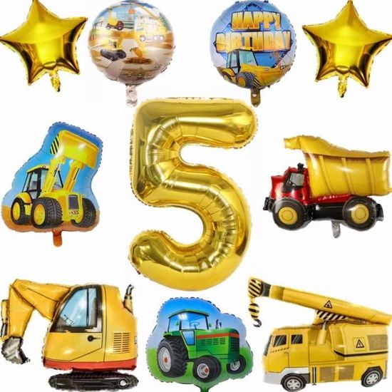 Décoration Anniversaire Thème Tracteur - 7 Ballons Dont Numéro 2, 32 Pouces - Pour Fête Garçon 2 Ans, Construction