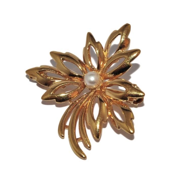 Broche chic en plaqué or poinçonné perle nacrée