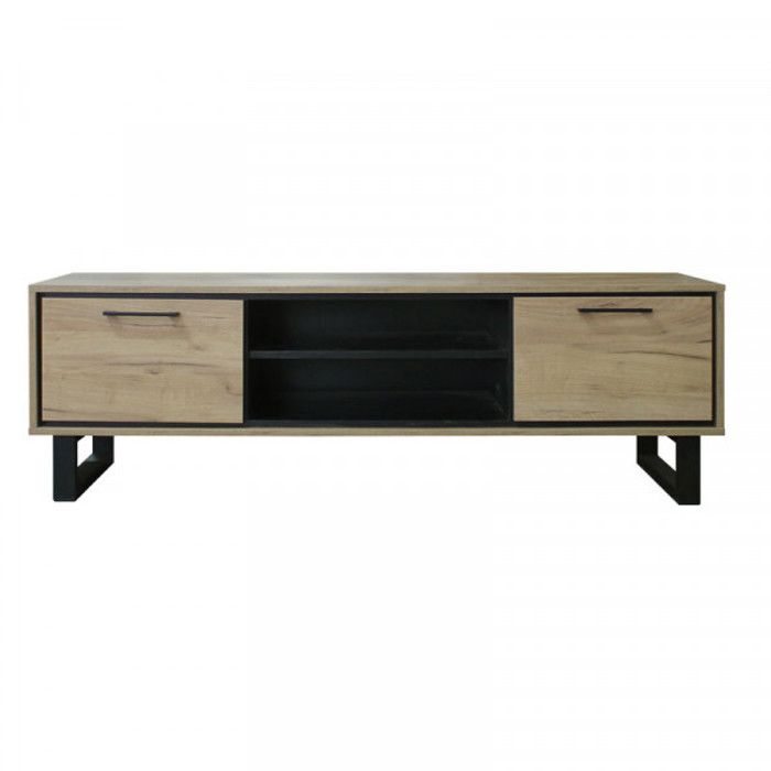 Meuble TV 2 portes 2 niches Chêne blond/Noir - DOINIO - Bois - Bois - L 152 x l 45 x H 48 cm - Meuble tv