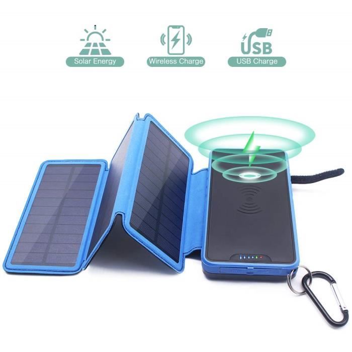 Batterie Externe Induction 20000mAh Chargeur Sans Fil Solaire, Power Bank Solaire 2 Sortie(2 USB 2.1A & Induction 1A) LED & Crochet