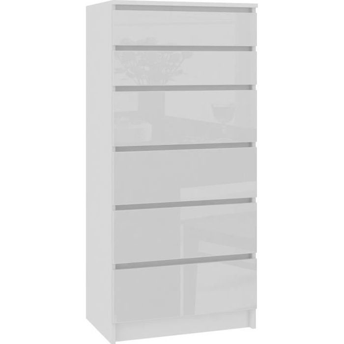 SKANDI - Commode contemporaine chambre + salon + bureau 130x60x40 cm - 6 tiroirs - Meuble design moderne - Chiffonier - Blanc laqué