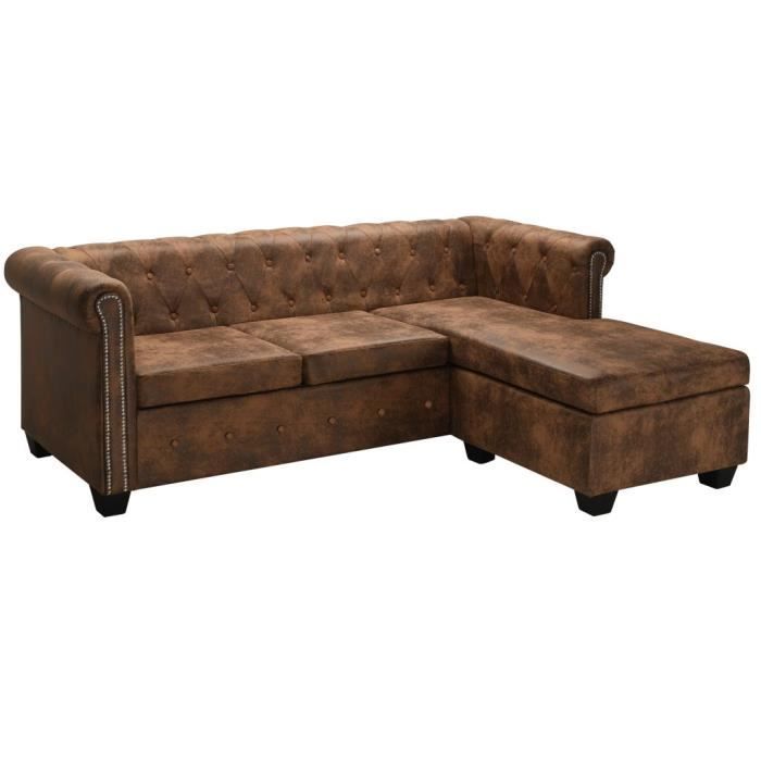 6310336© Design Rétro Canapé d'angle Fixe Relaxation, Canapé panoramique, Chesterfield en forme de L Cuir daim synthétique Marron