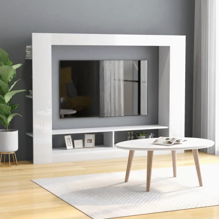 Meuble TV Blanc brillant 152x22x113 cm Aggloméré