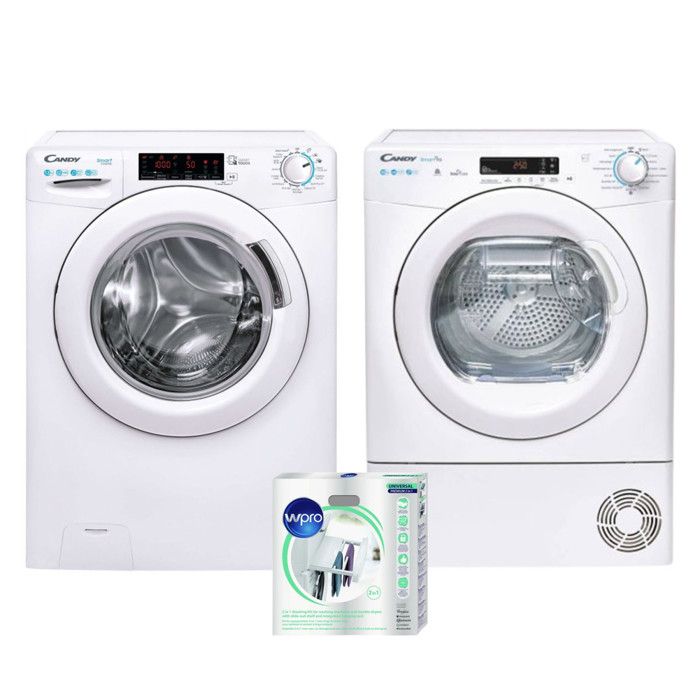 PACK CANDY Lave-Linge Frontal 13kg 1400trs/min + Sèche-Linge Frontal 10kg Pompe À Chaleur + Kit de Superposition 67 Blanc