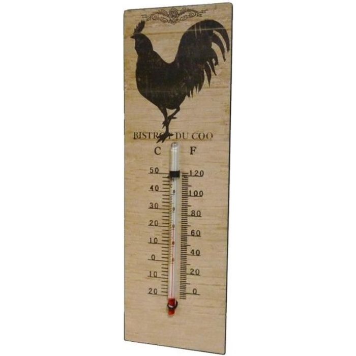 Thermomètre Mural Décoratif en Celsius et Farenheit ou à Poser Motif 'Coq Ancien' en Fer et Papier Vernis 0,5x8x25cm