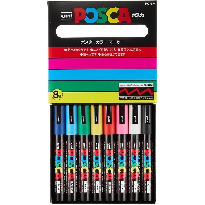 Uniball Uni Posca PC-5M Boite de 8 Marqueurs Feutres Posca PC5M Base Peinture Eau Pointe Moyenne Assortie