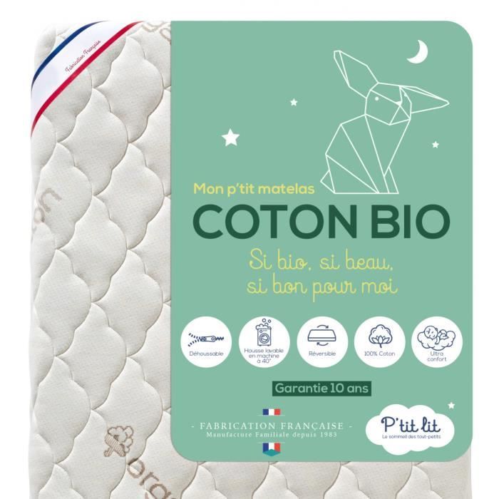Matelas Enfant/Bébé Coton Bio - 70x140 cm - 100% Coton - Déhoussable - Sans traitement chimique - Fabrication Française Blanc