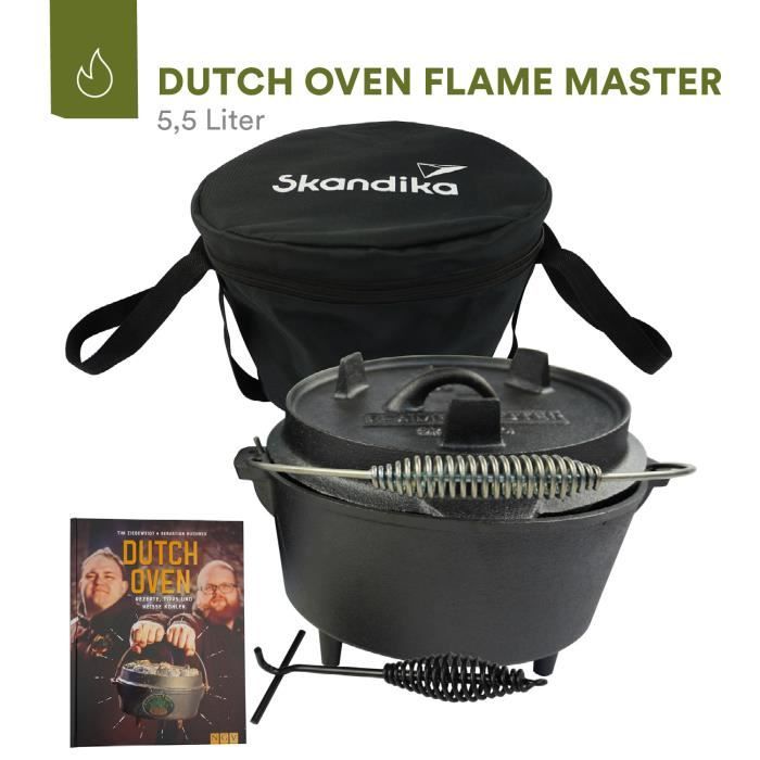 Skandika Dutch Oven Flame Master 5,5 L - Cocotte Casserole en fonte + livre de recettes, pieds, lève-couvercle et sac de transport