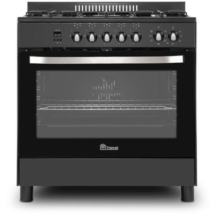 TRIOMPH TF8GPN - Cuisinière 80cm - 5 foyers gaz dont un triple couronne - Four électrique 97L Catalyse - Porte plein verre - Noir