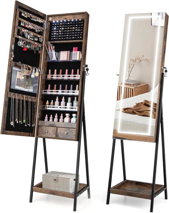 Armoire à Bijoux Murale Avec Miroir Pleine Longueur - 2 En 1 Rangement Et Miroir, Verrouillable, Blanc