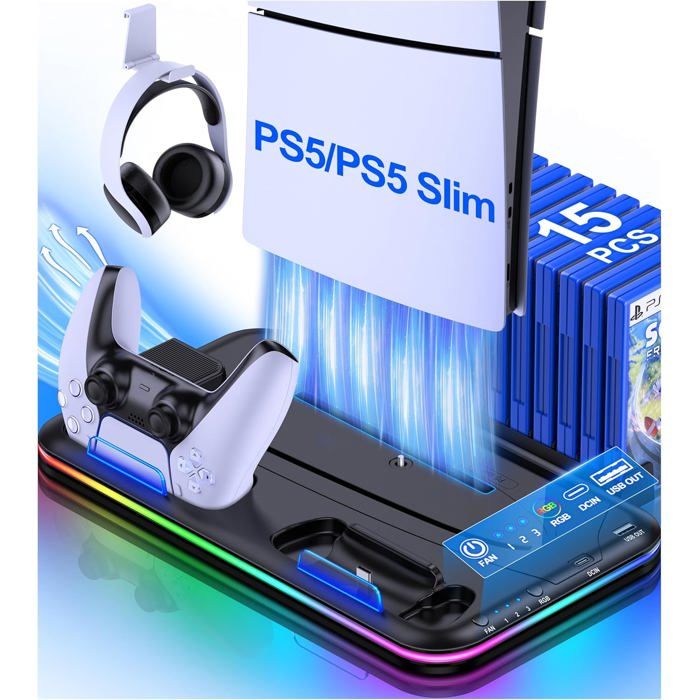 Station de Refroidissement pour PS5 Pro/PS5 Slim/PS5 avec 4 Vitesses de Ventilation Station daccueil Verticale pour P5