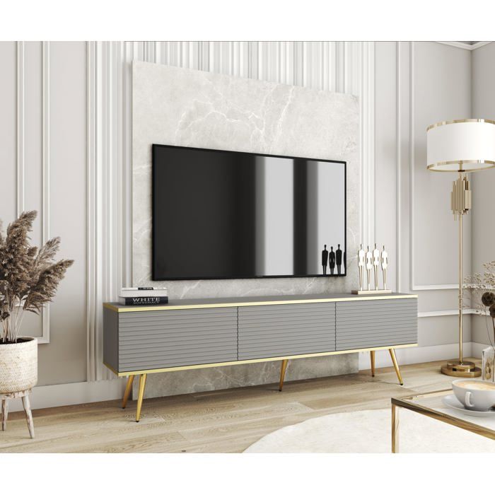 Meuble TV Avec Lamelles Gris pieds Or 175 x 30 x 52 cm Push to Open