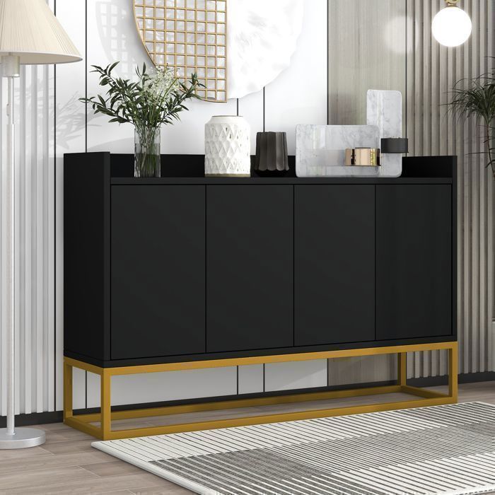 Buffet salon buffet bas et étagère réglable - Moderne - Noir - 4 portes