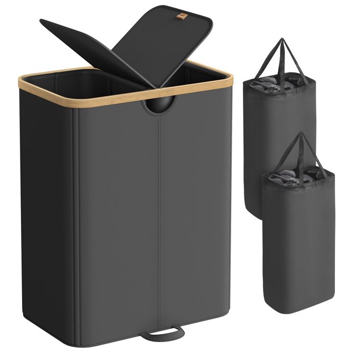 Panier à Linge à 2 Compartiments 150 Litres avec Couvercle Sacs Amovibles pour Buanderie Chambre Salon Noir et Beige Naturel